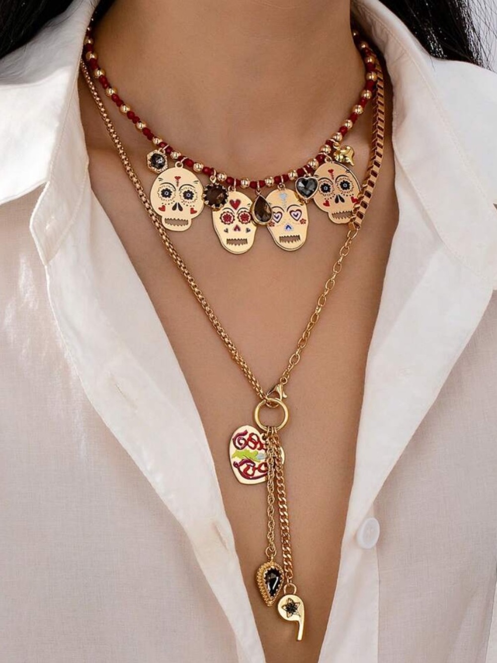 Gold Layered Skull Pendant Necklace Set - Picture 4 of 5